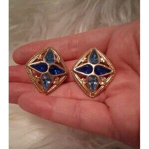 High Quality Vintage Clip Earrings Gild Plated Blue Stones